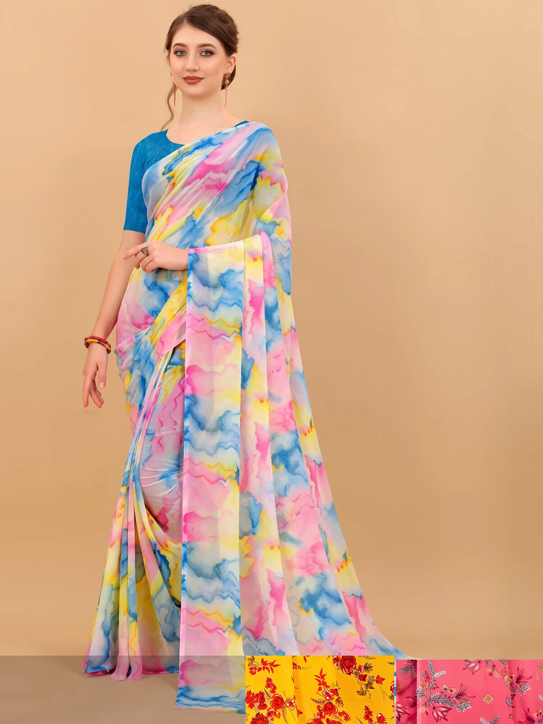 

MS RETAIL Pack Of 3 Floral Pure Georgette Saree, Orange