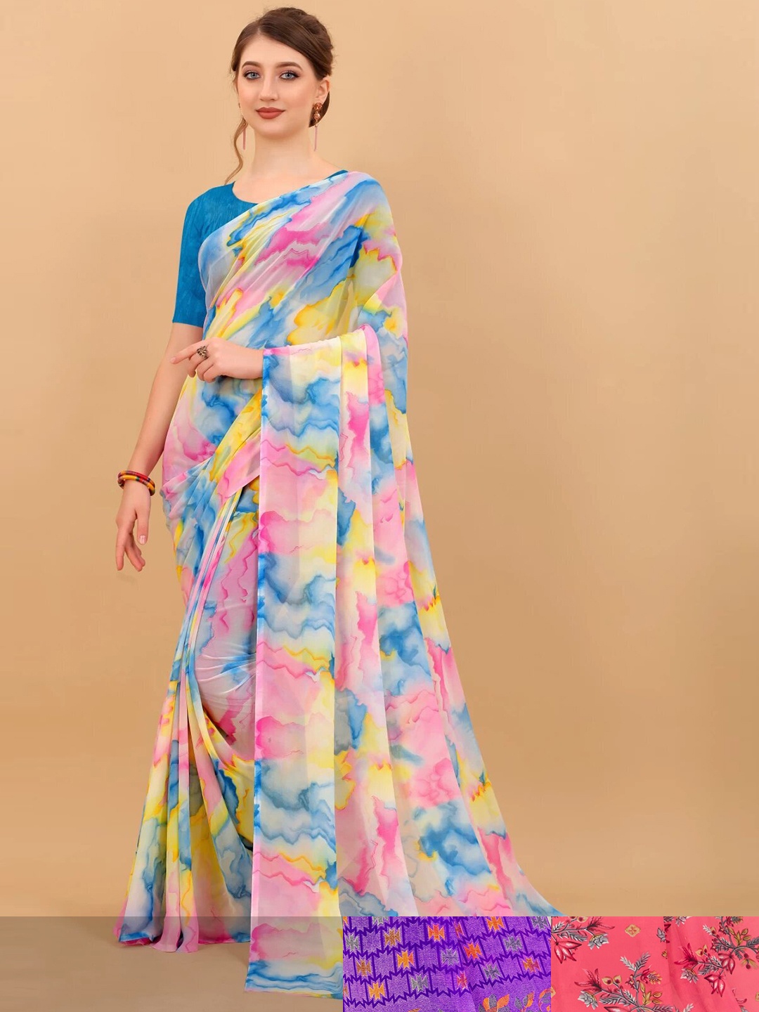 

MS RETAIL Pack Of 3 Floral Pure Georgette Saree, Yellow