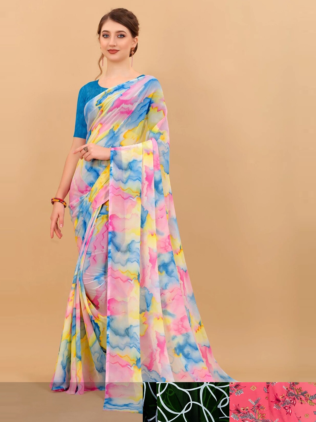 

MS RETAIL Pack Of 3 Floral Pure Georgette Saree, Pink
