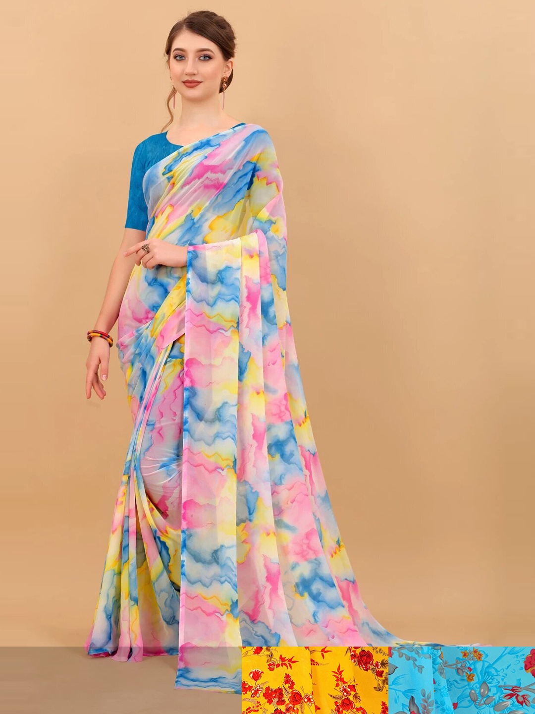 

MS RETAIL Pack Of 3 Floral Pure Georgette Saree, Blue