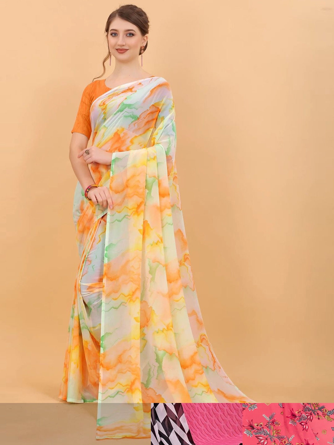 

MS RETAIL Pack Of 3 Floral Pure Georgette Saree, Green