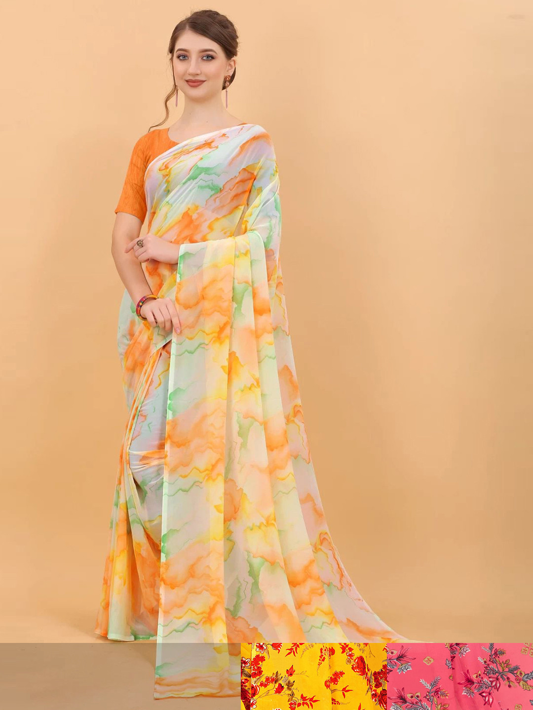 

MS RETAIL Pack Of 3 Floral Pure Georgette Saree, Yellow