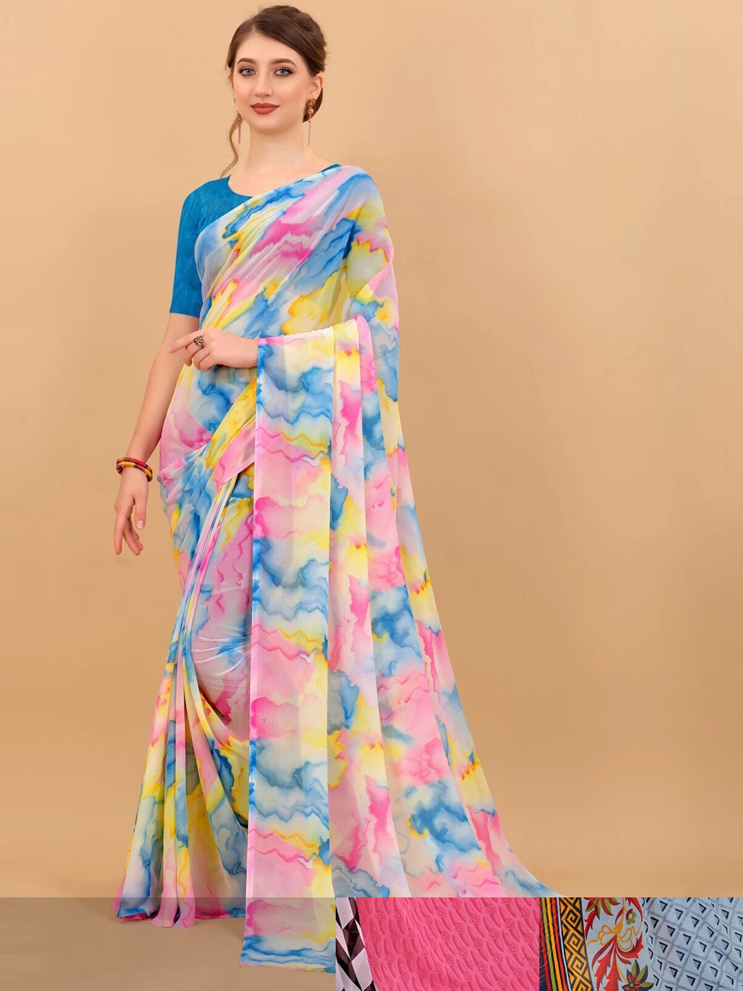 

MS RETAIL Pack Of 3 Floral Pure Georgette Saree, Orange