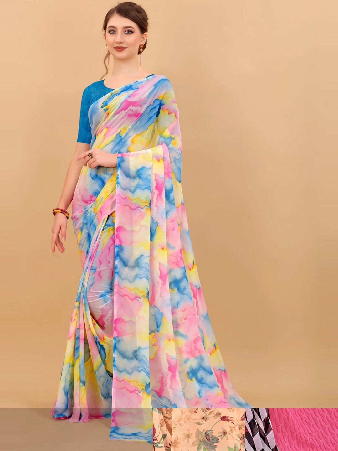 

MS RETAIL Pack Of 3 Floral Pure Georgette Saree, Orange