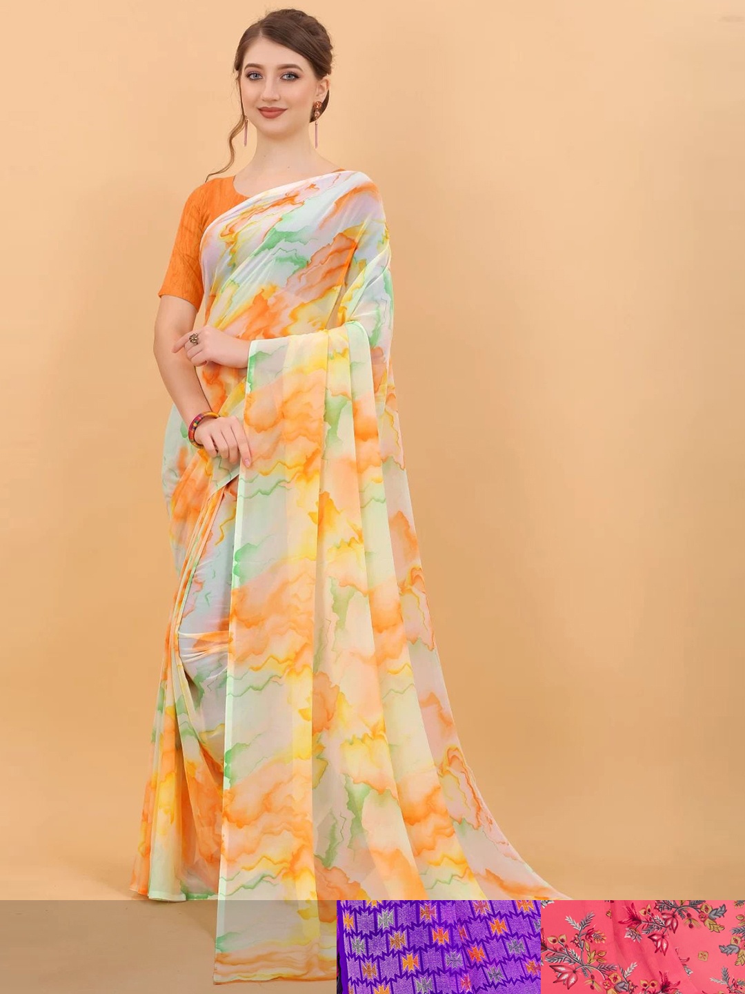 

MS RETAIL Pack Of 3 Floral Pure Georgette Saree, Green