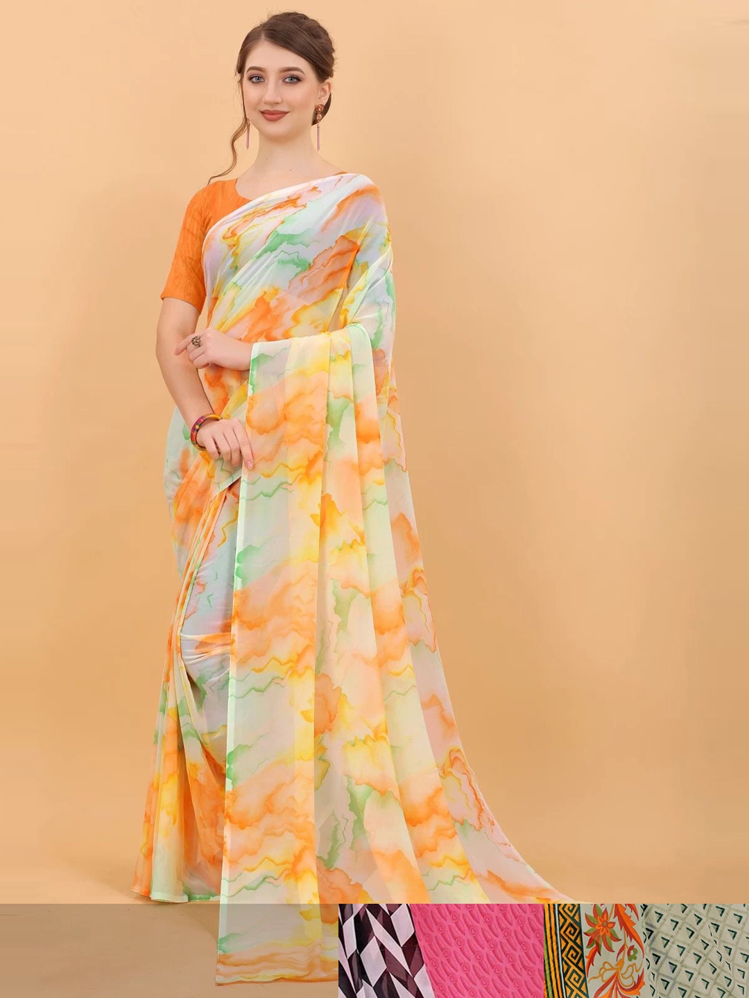 MS RETAIL Pack Of 3 Floral Pure Georgette Saree, Pink