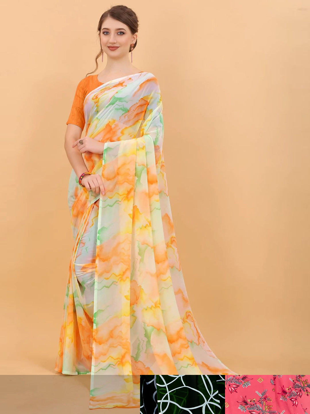 

MS RETAIL Pack Of 3 Floral Pure Georgette Saree, Green