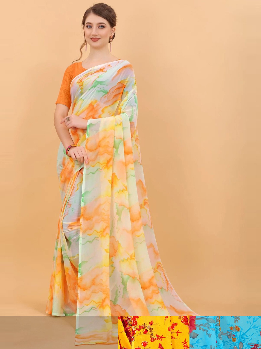

MS RETAIL Pack Of 3 Floral Pure Georgette Saree, Yellow