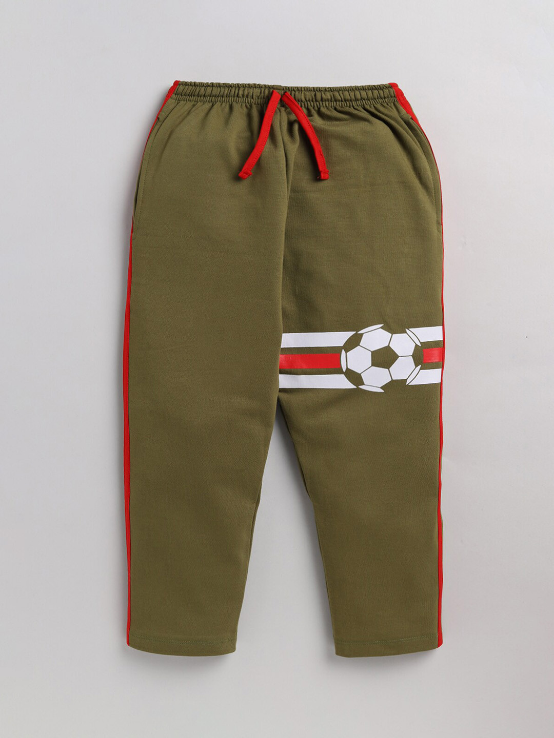 

Nottie Planet Boys Olive Green Football Printed Pure Cotton Track Pants