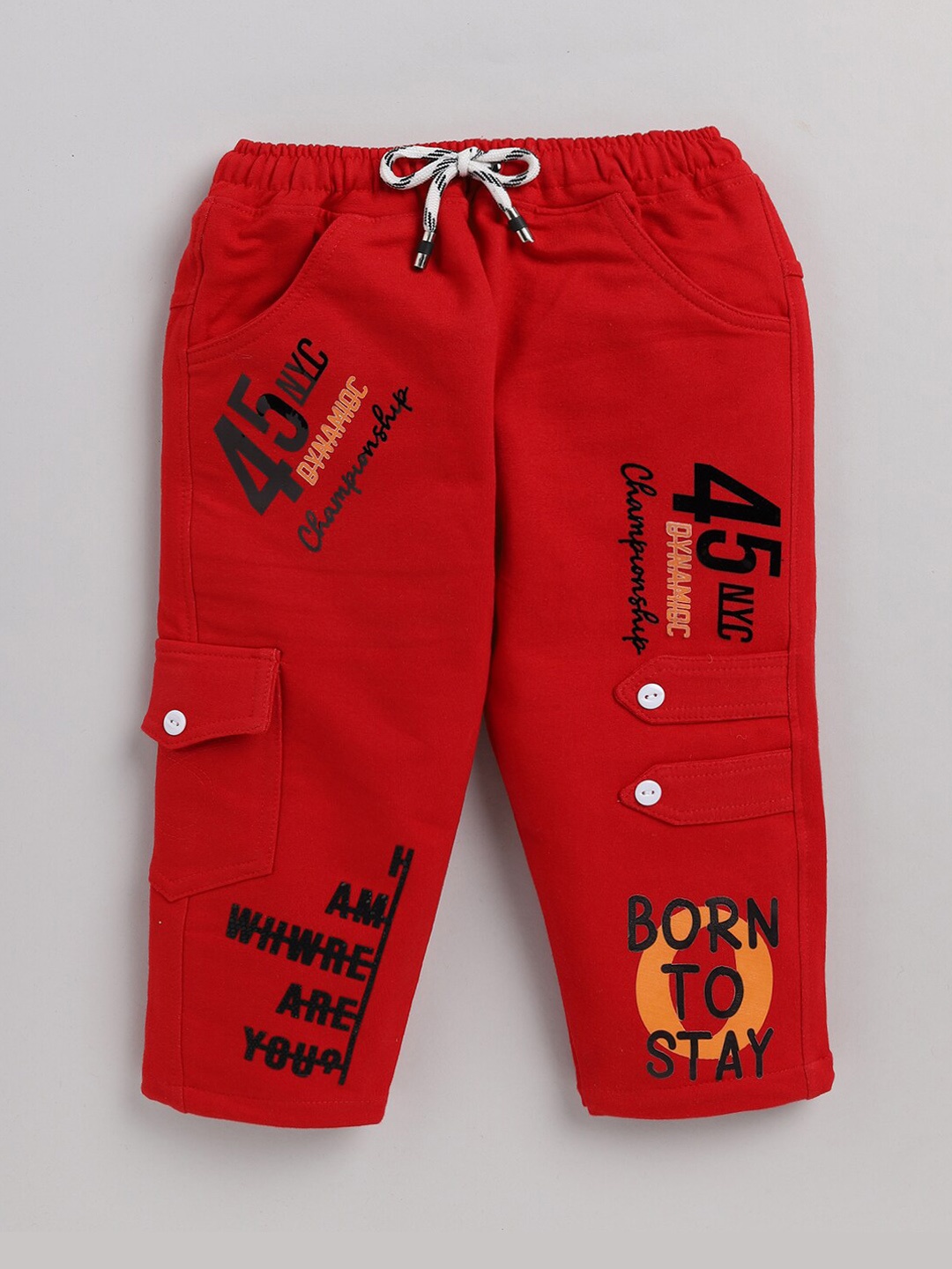 

Nottie Planet Boys Red Text Printed Pure Cotton Track Pants