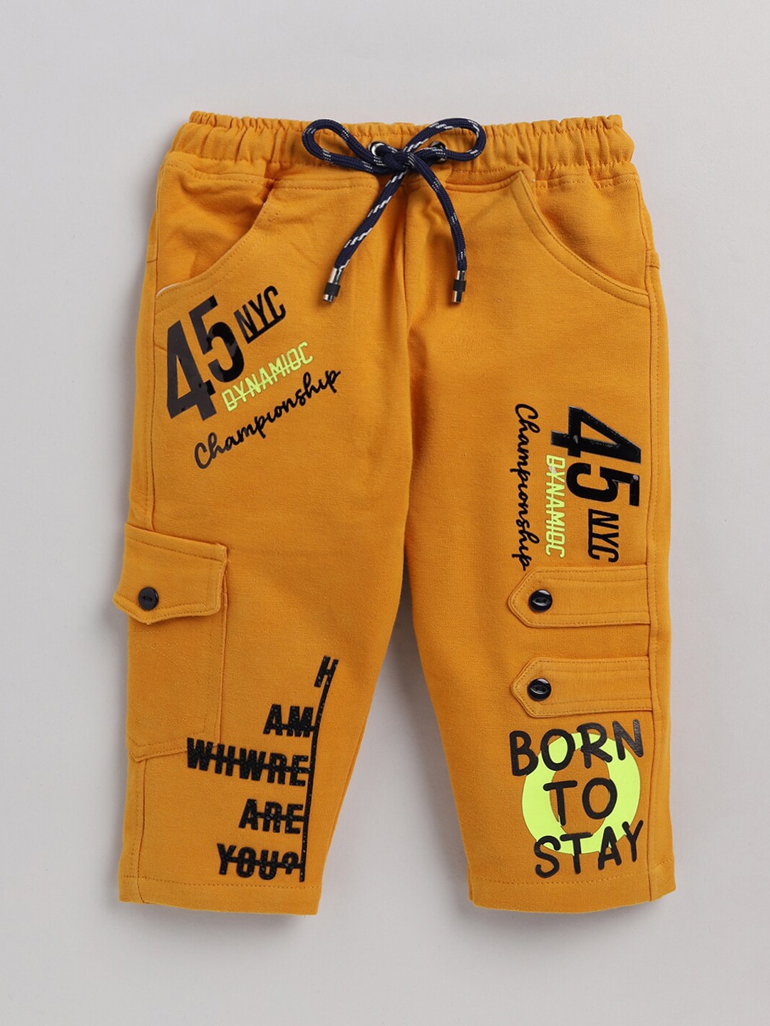 

Nottie Planet Boys Mustard Yellow Text Printed Pure Cotton Track Pants