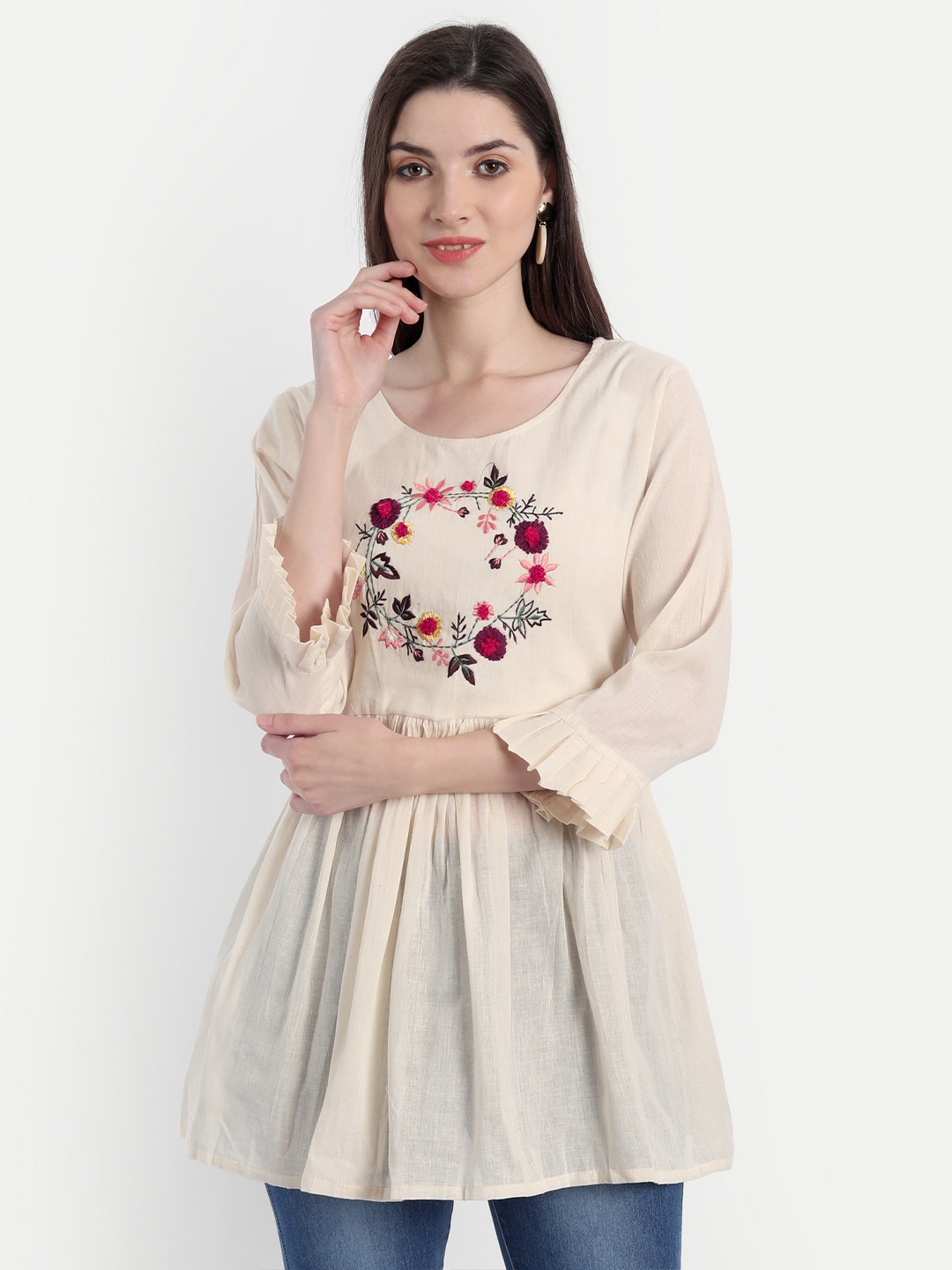 

Spiaty Beige & Pink Cotton Floral Embroidered Tunic