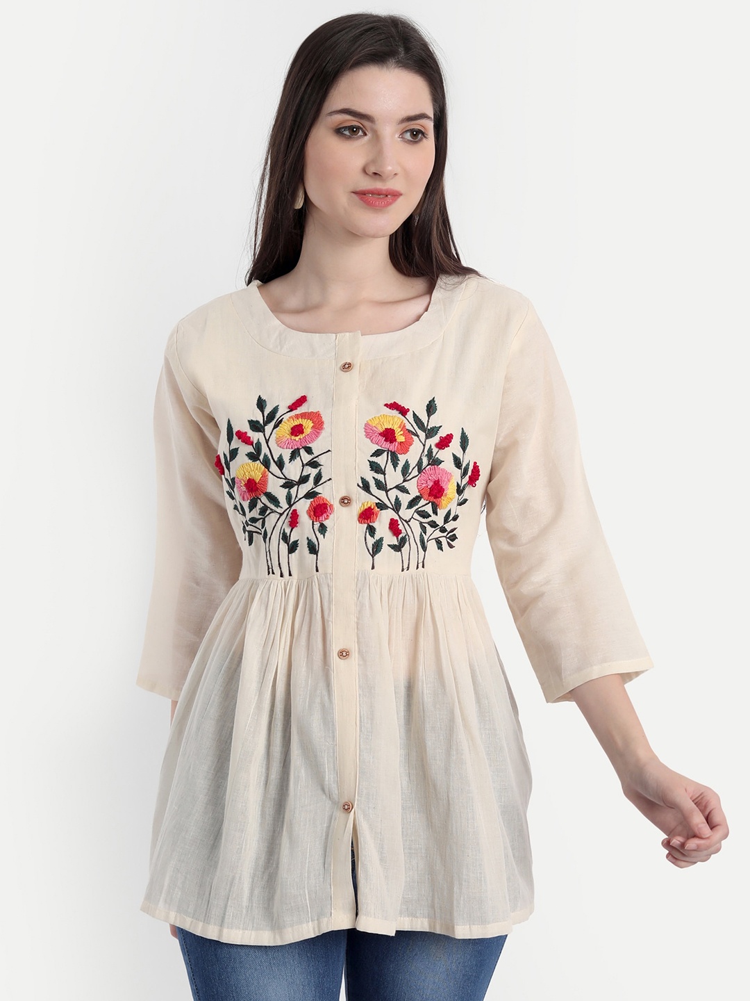 

Spiaty Beige & Green Square Neck Embroidered Cotton Tunic