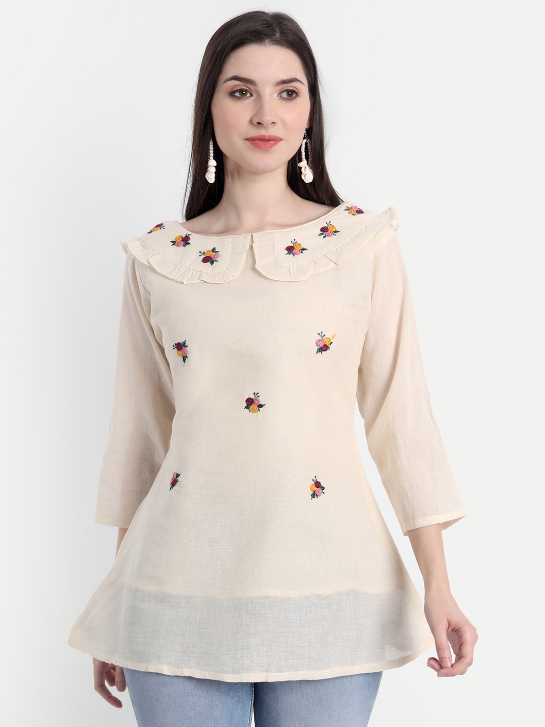 

Spiaty Beige & Pink Boat Neck Embroidered Tunic