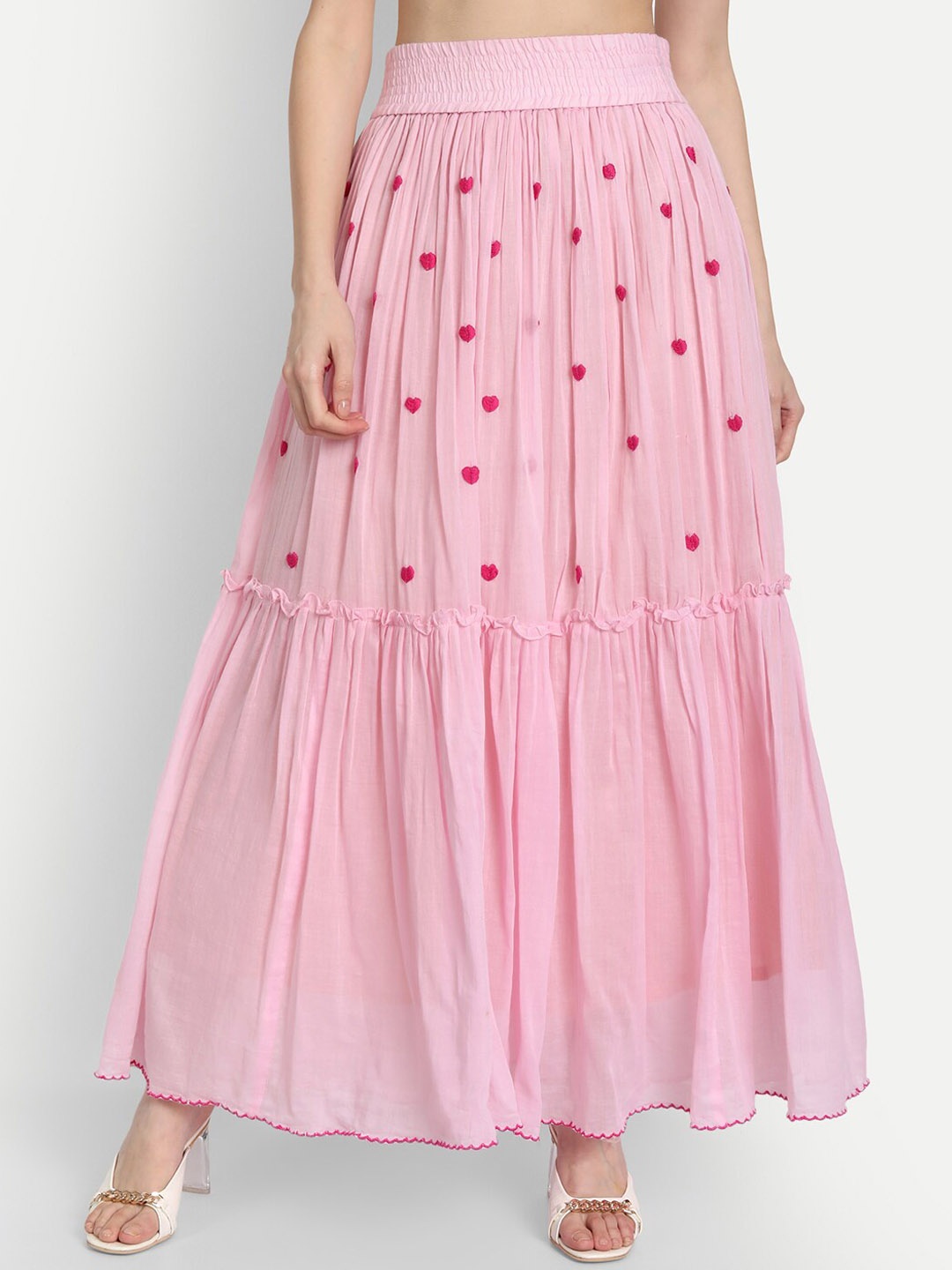 

KAPASRITI Pink Embroidered Pure Cotton Maxi Tiered Skirts