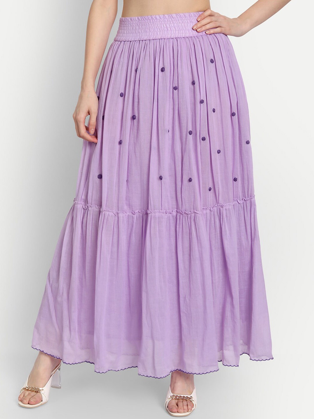 

KAPASRITI Women Lavender Embroidered Pure Cotton Maxi Tiered Skirts