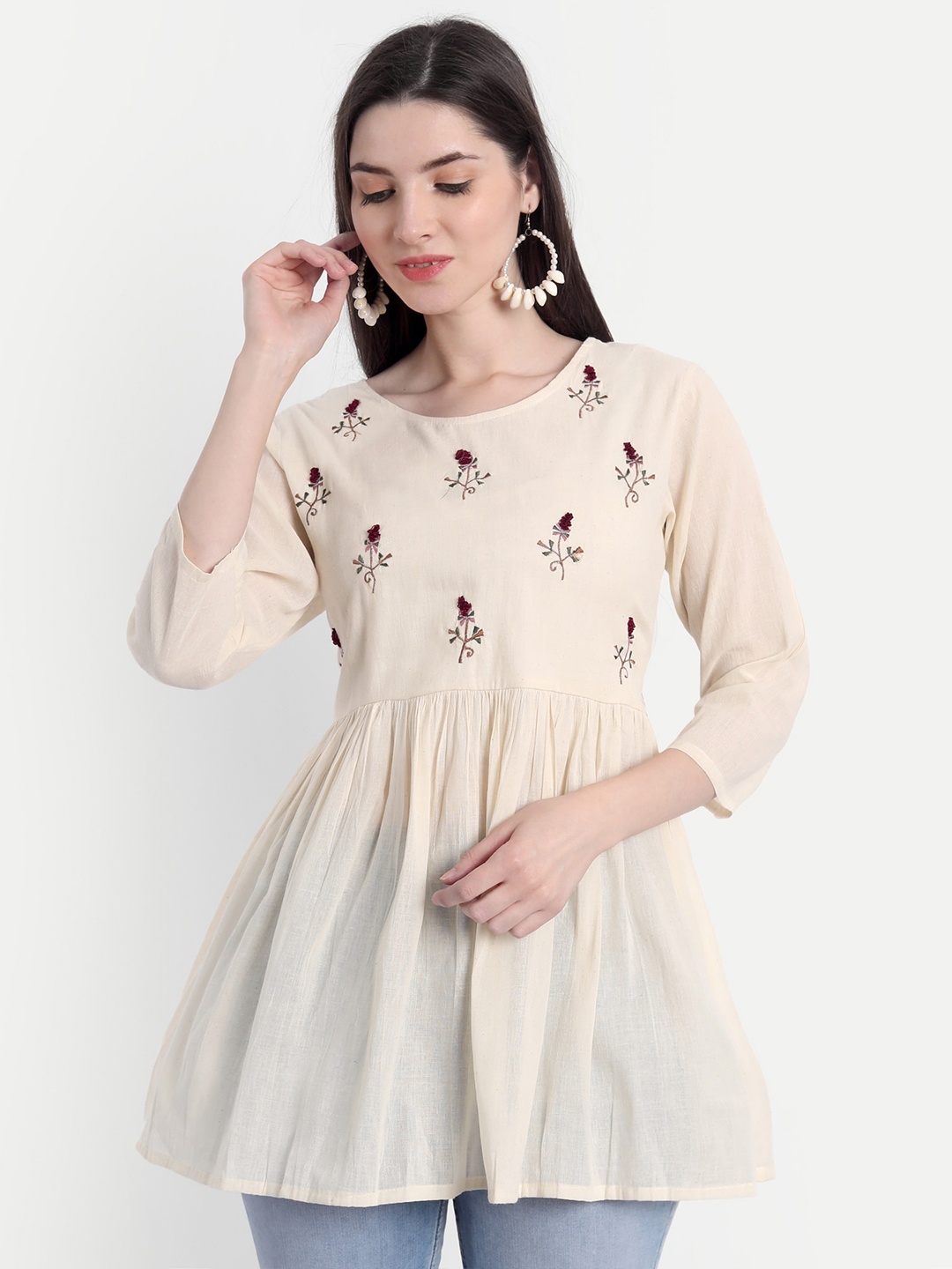

Spiaty Beige Embroidered Printed Tunic