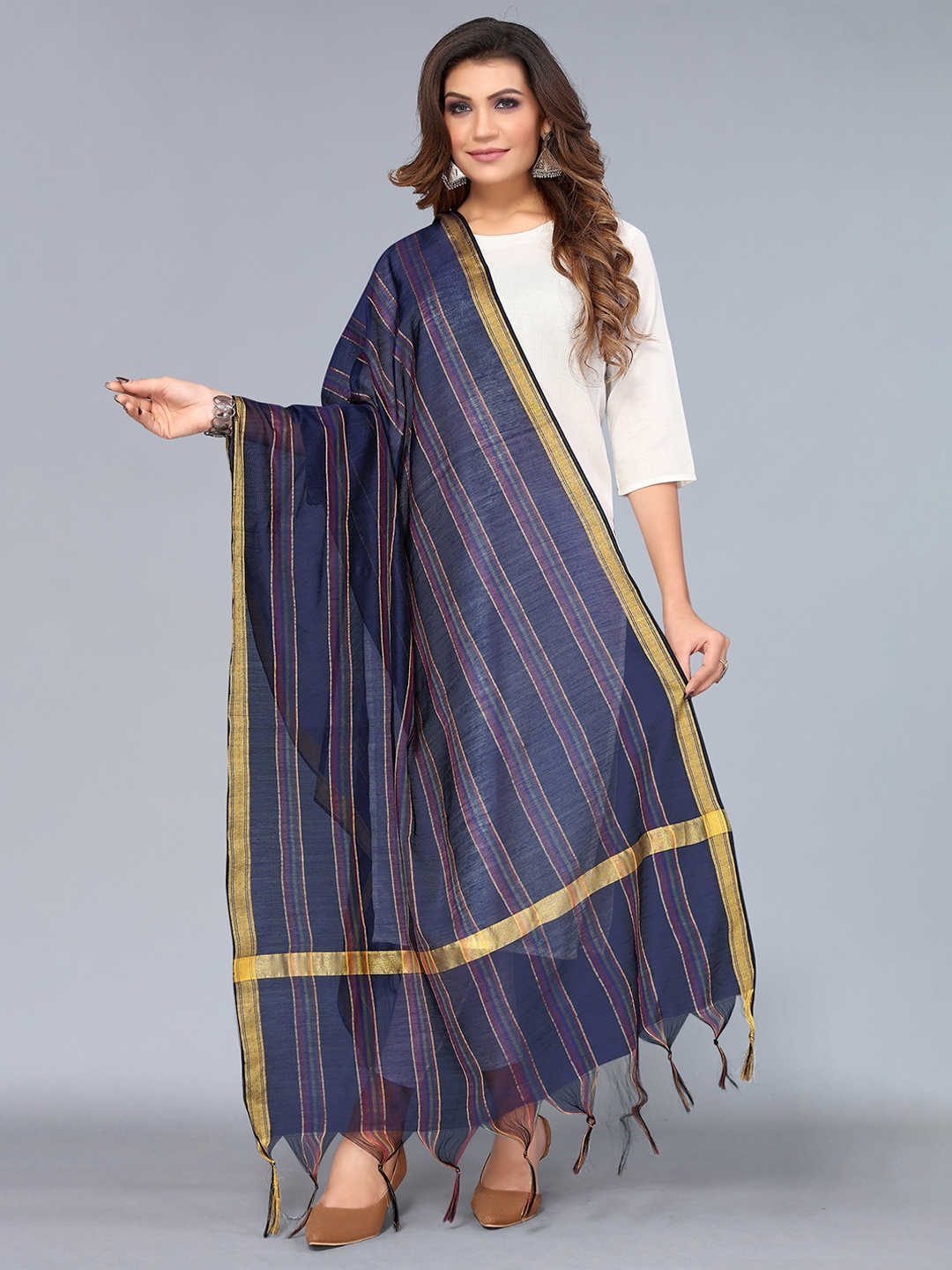 

Nimayaa Navy Blue & Gold-Toned Woven Design Dupatta with Zari