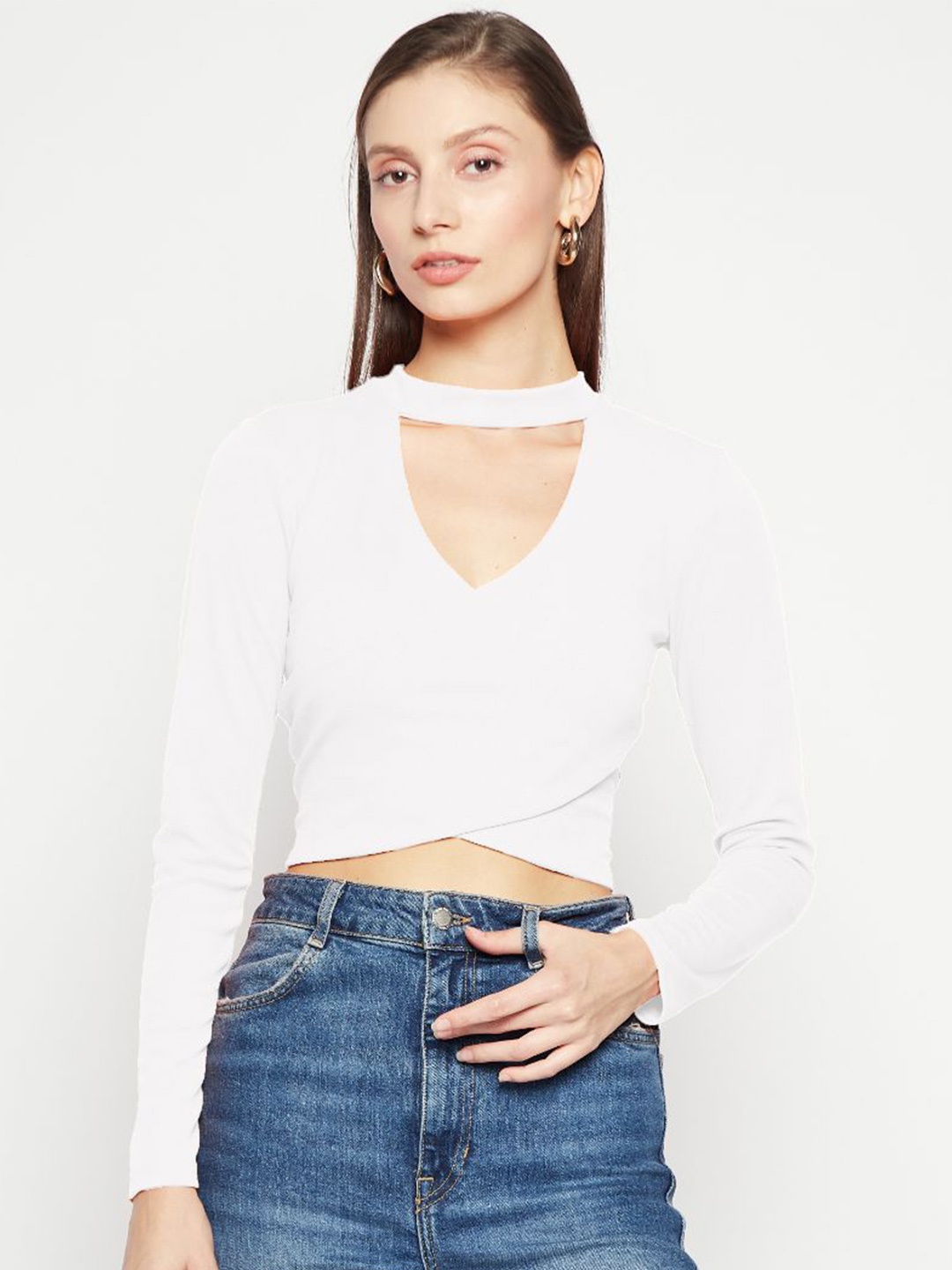 

Uptownie Lite White Stretchable Criss Cross Full Sleeves Top