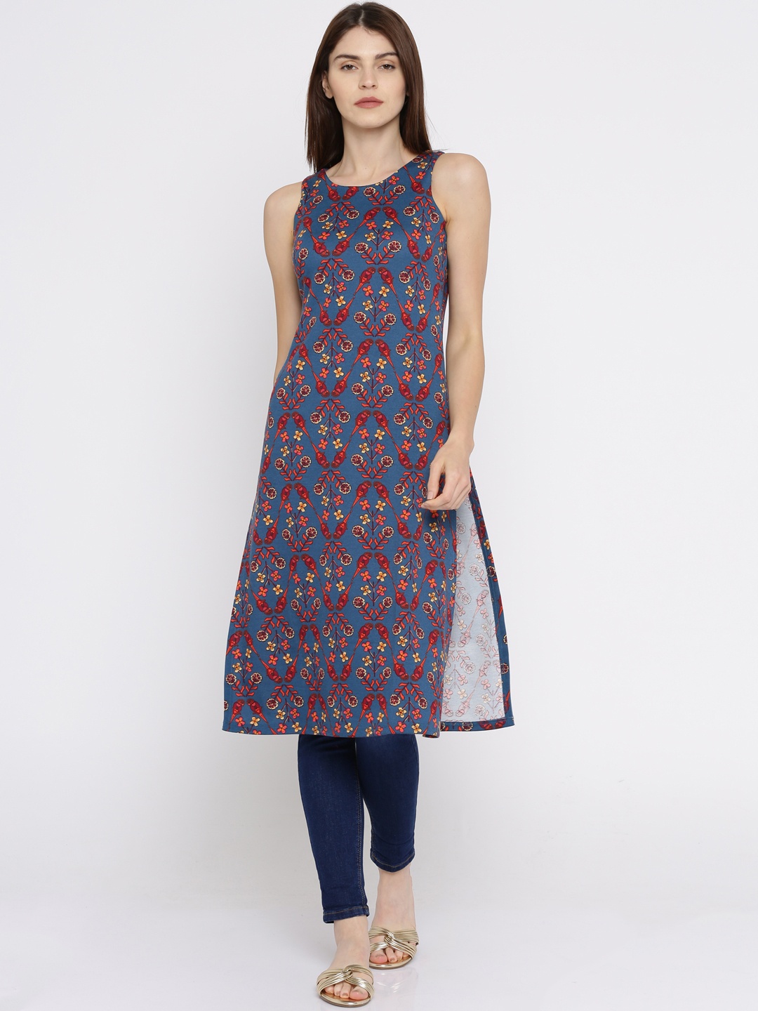 

Global Desi Women Teal Blue Printed Straight Kurta