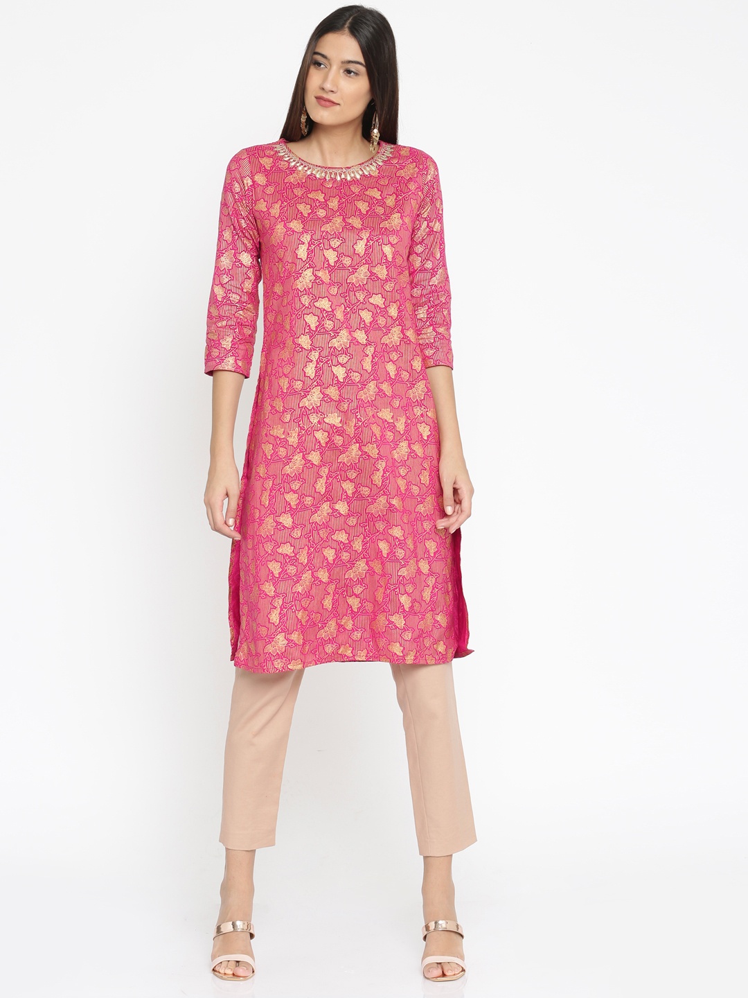 

Global Desi Women Pink & Gold-Toned Printed Straight Kurta