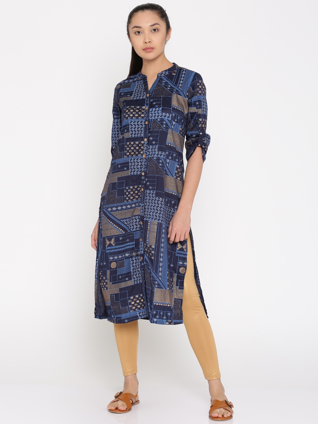

Global Desi Women Navy Printed Straight Kurta, Navy blue