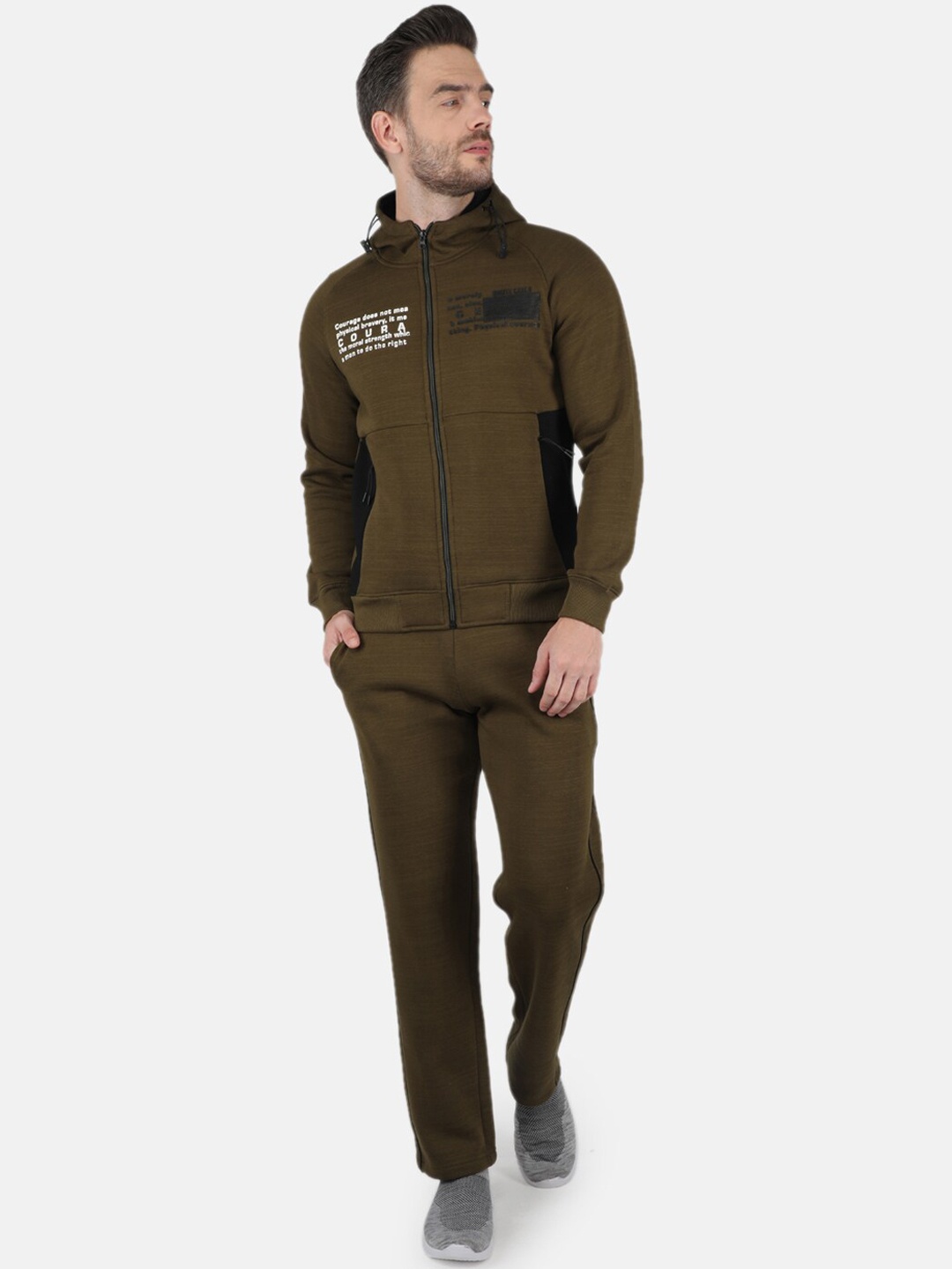 

Monte Carlo Men Olive Green Printed Hooded Cotton Tracksuits