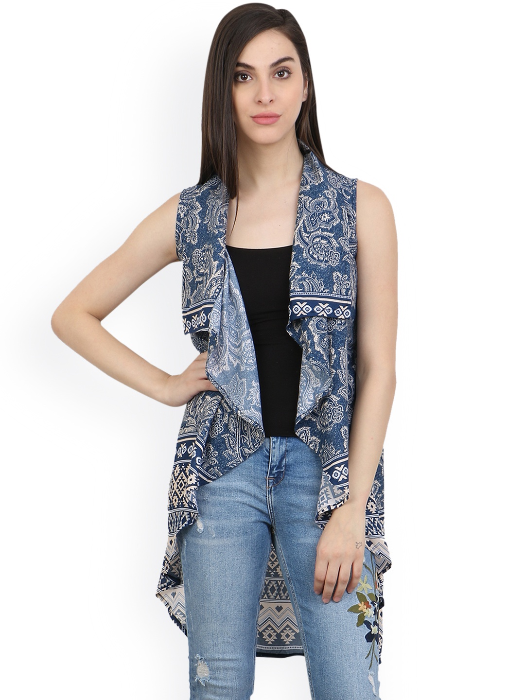 

Cation Blue & White Printed Longline Open Front Shrug