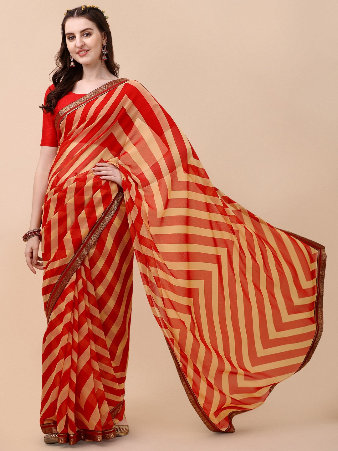 

Sangria Red & Orange Pure Chiffon Saree