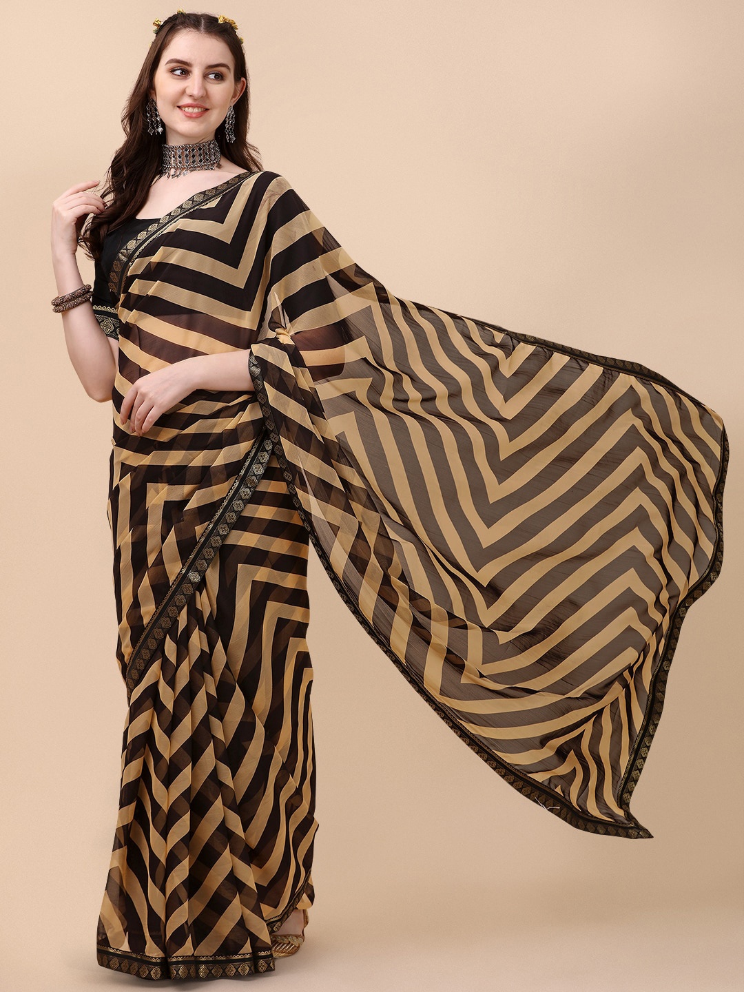 

Sangria Black & Mustard Pure Chiffon Saree
