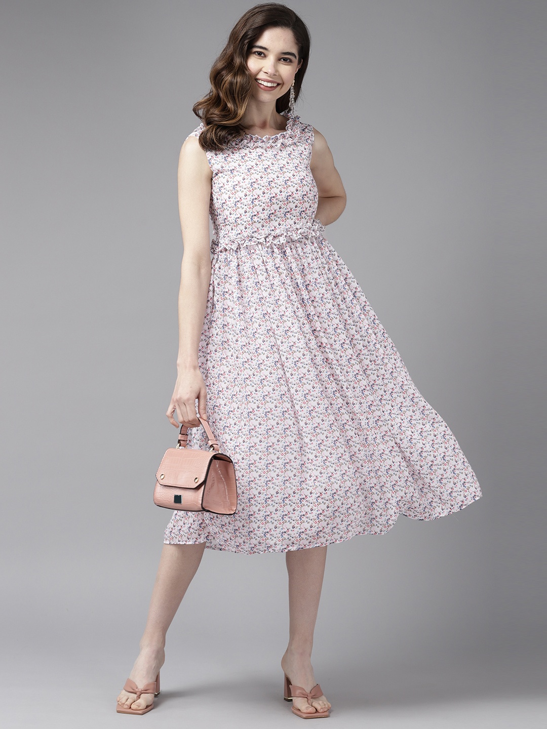 

Aarika Floral Georgette Ruffled Midi Dress, White