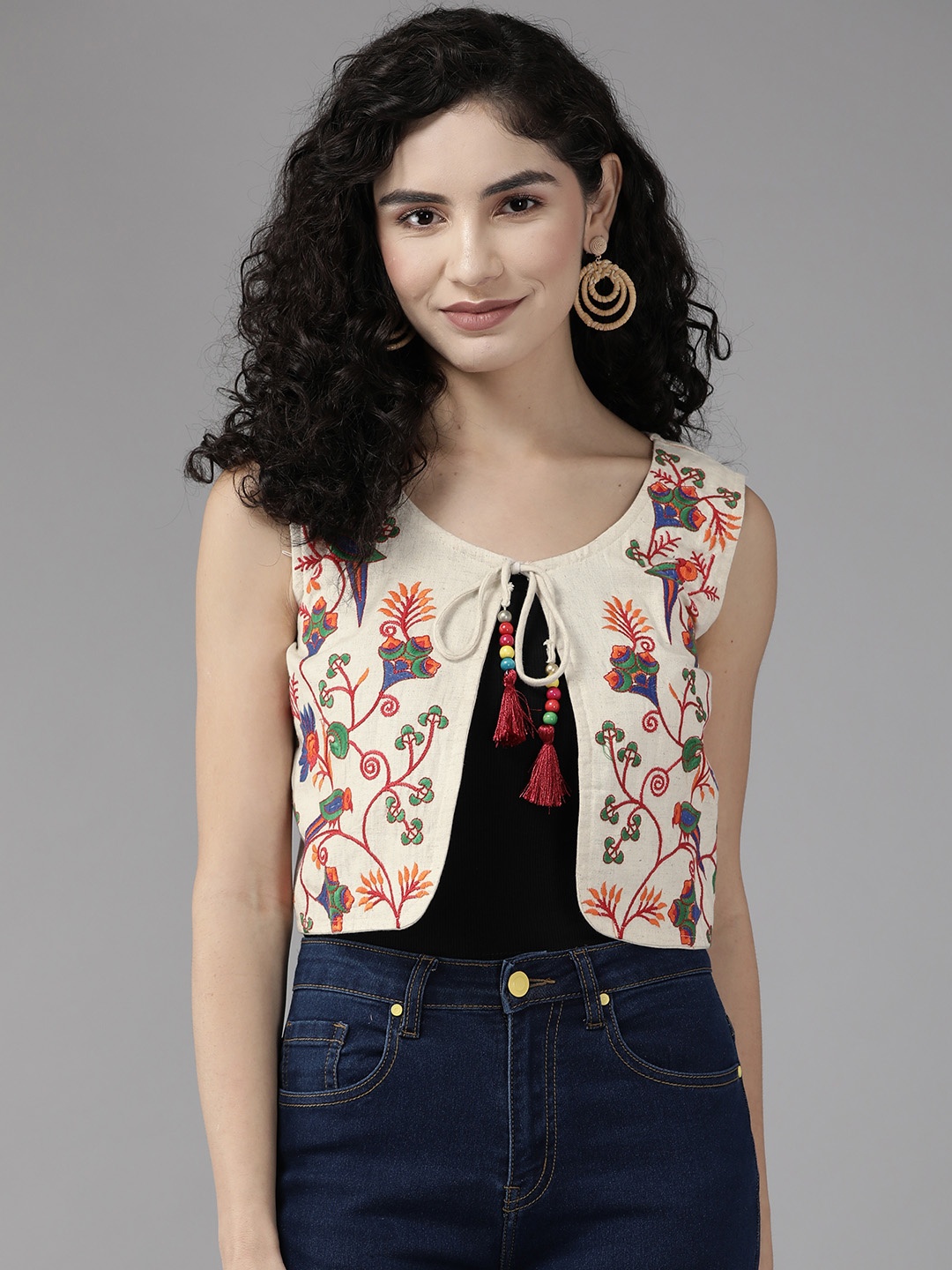 

Aarika Women Cream-Coloured Floral Embroidered Crop Open Front Jacket