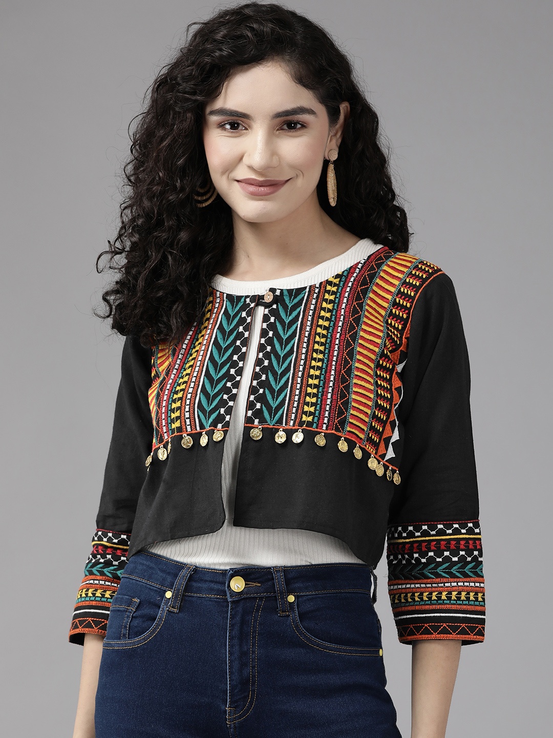 

Aarika Embroidered Ethnic Shrug, Black