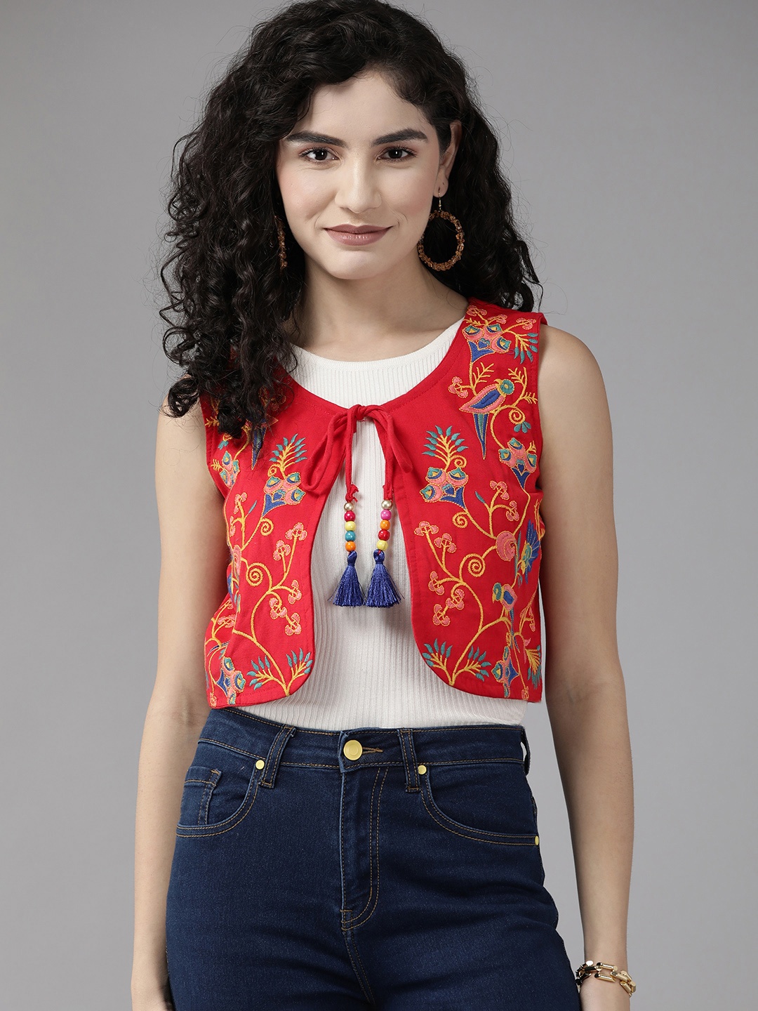 

Aarika Women Red Floral Lightweight Crop Outdoor Tailored Jacket with Embroidered Detail