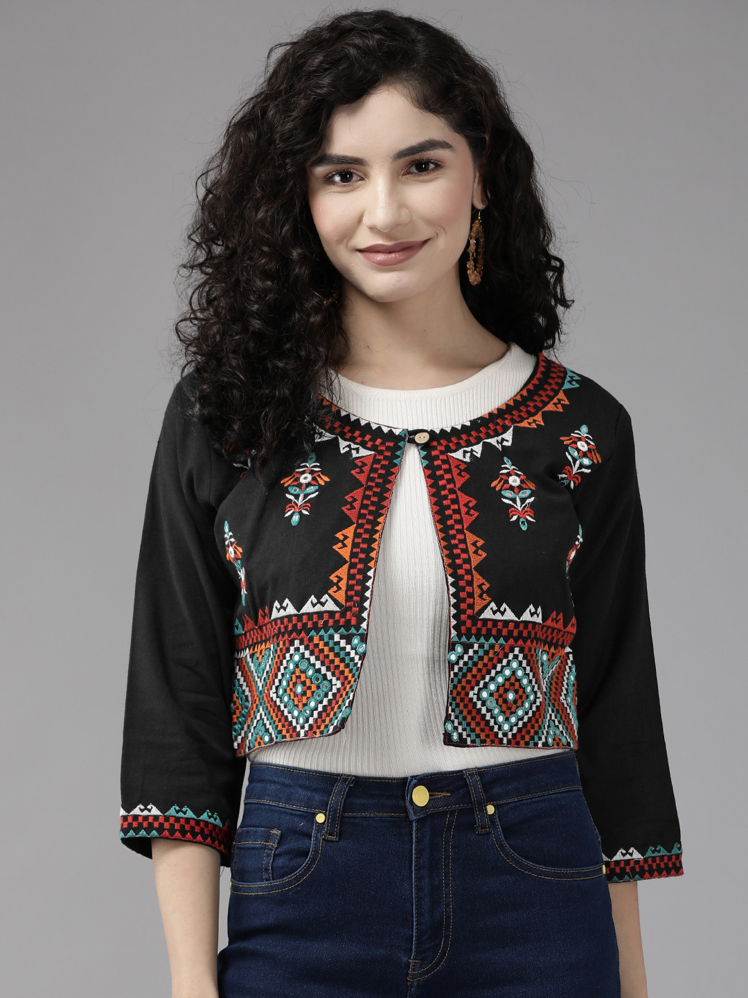 

Aarika Women Black Red Lightweight Crop Outdoor Open Front Jacket