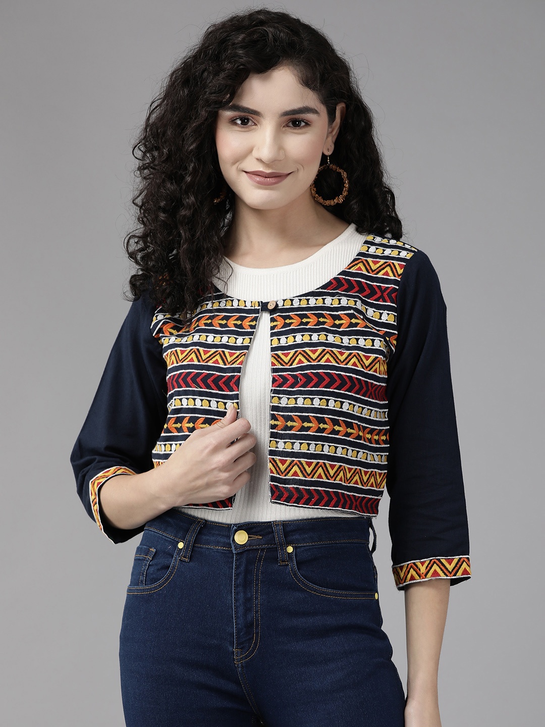 

Aarika Women Geometric Lightweight Crop Outdoor Open Front Jacket with Embroidered Detail, Multi