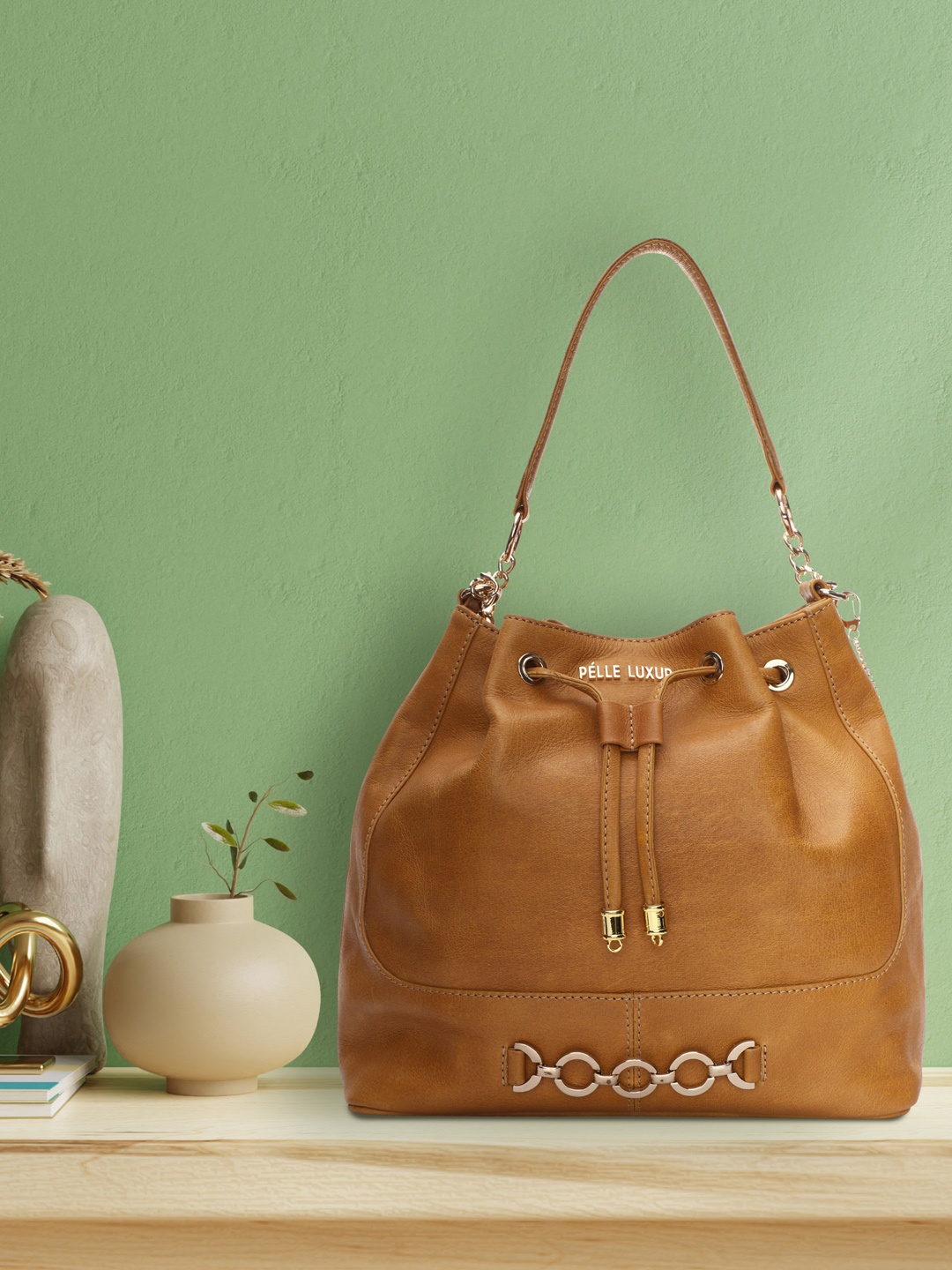 

PELLE LUXUR Women Tan Leather Bucket Hobo Bag with Tasselled