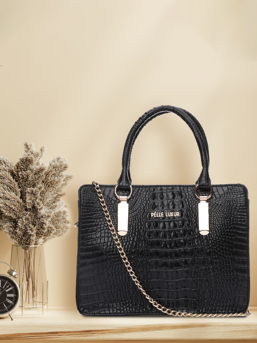

PELLE LUXUR Women Black Textured PU Structured Handheld Bag