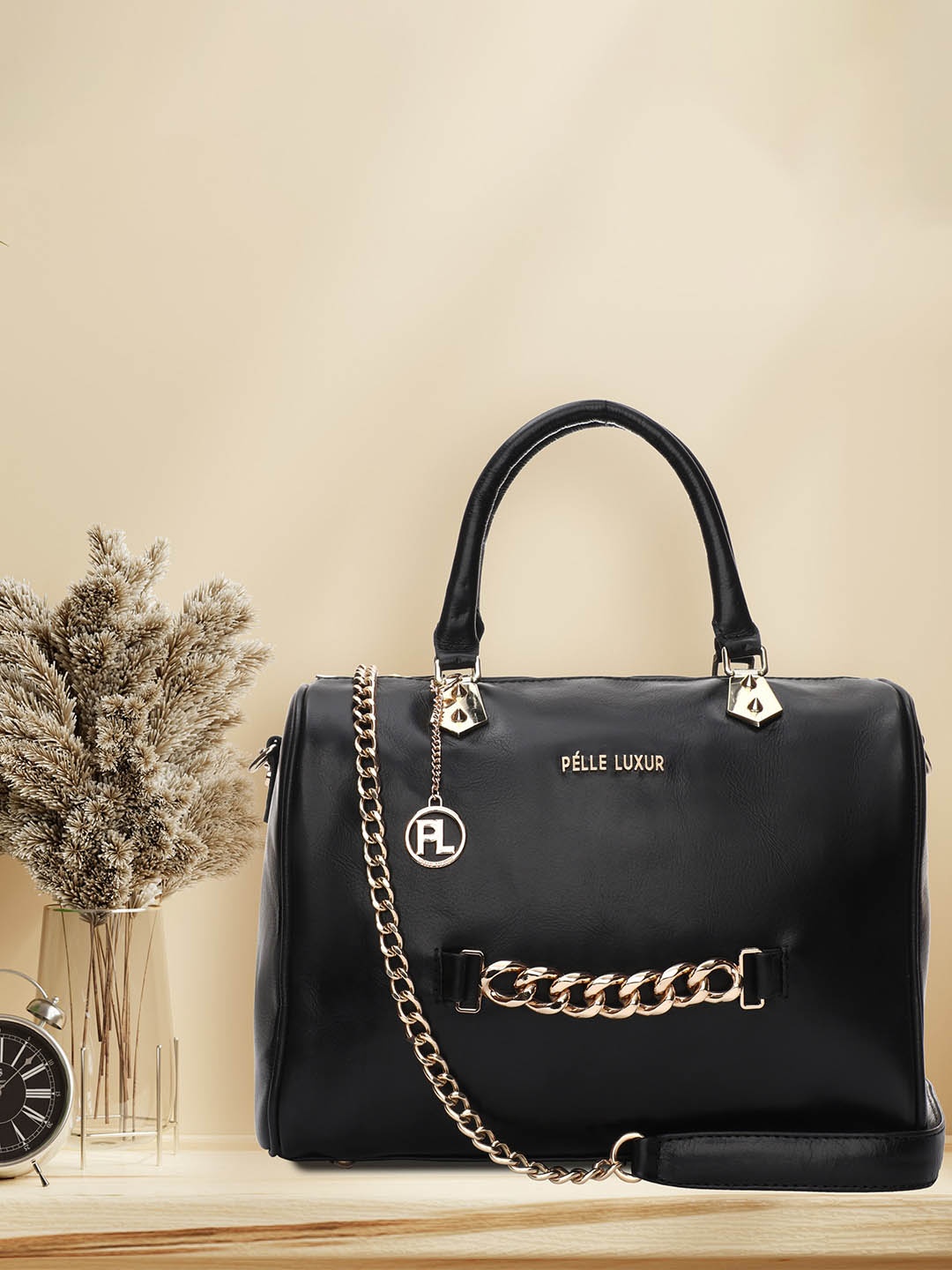 

PELLE LUXUR Black Leather Structured Handheld Bag