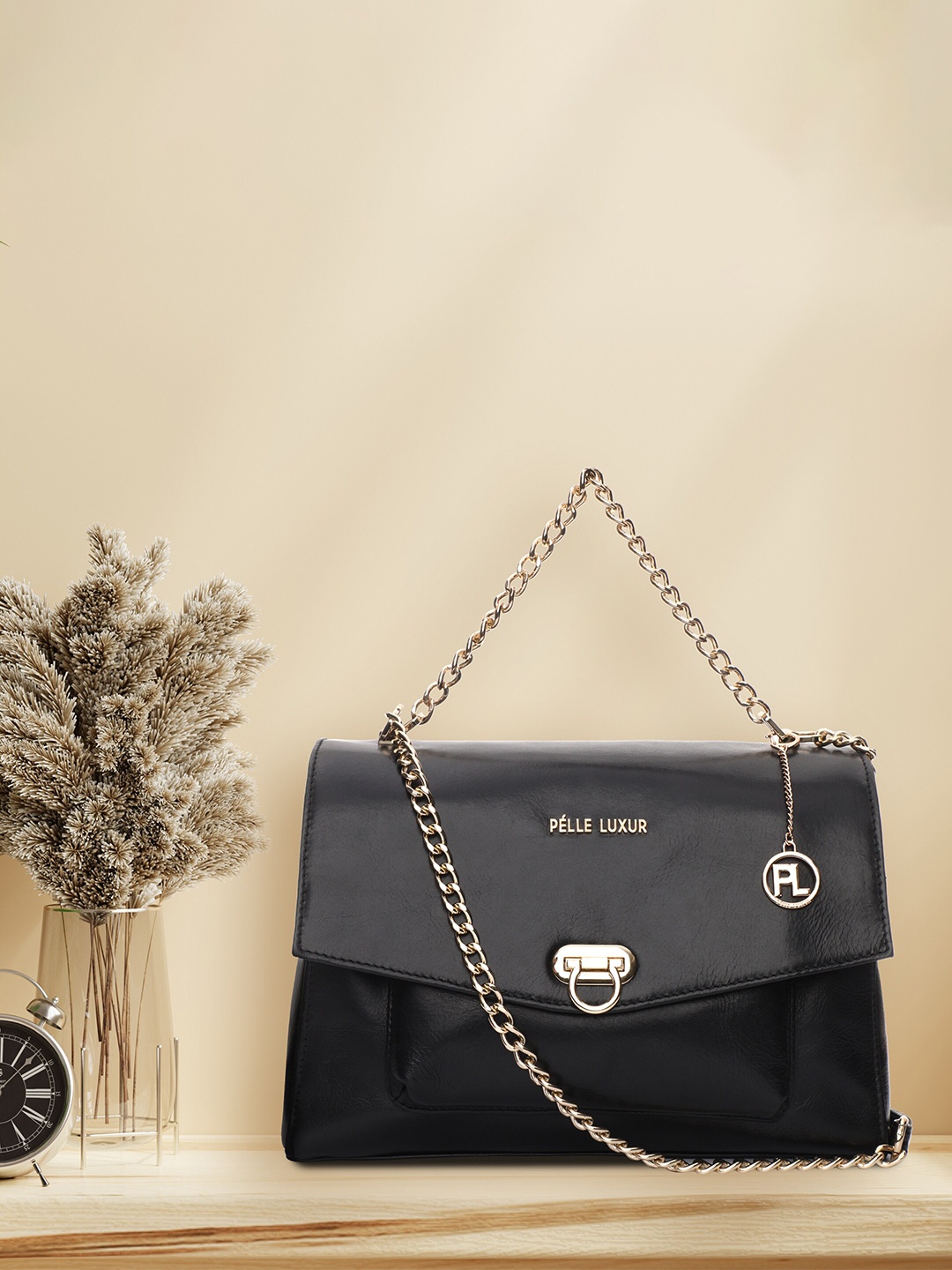 

PELLE LUXUR Black Leather Structured Handheld Bag