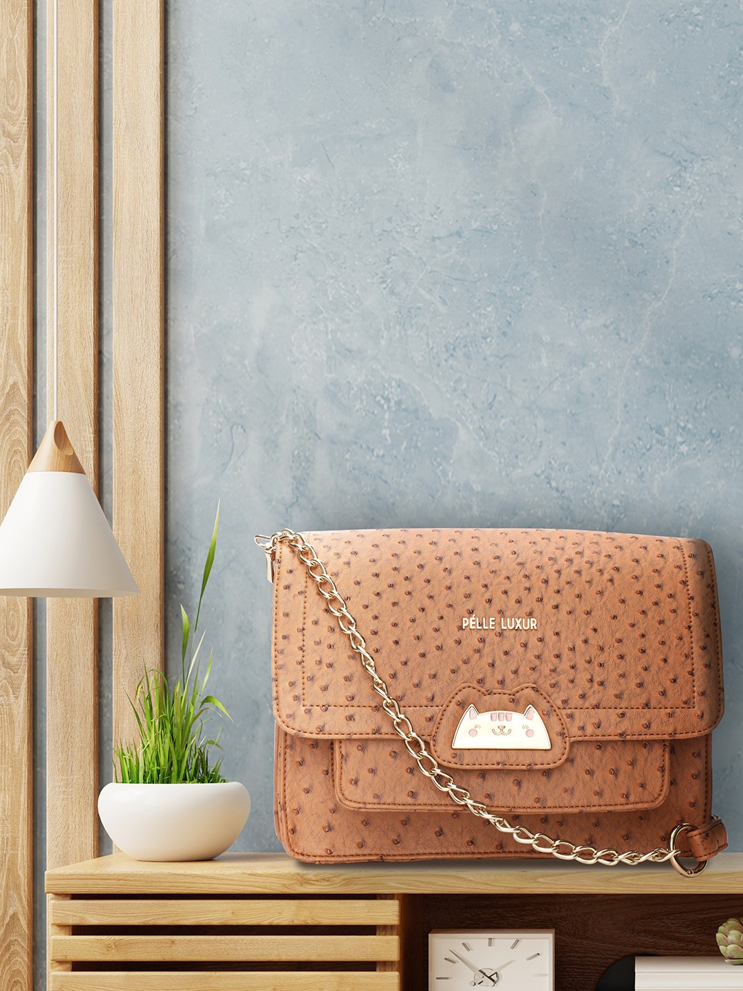 

PELLE LUXUR Tan Textured PU Structured Sling Bag