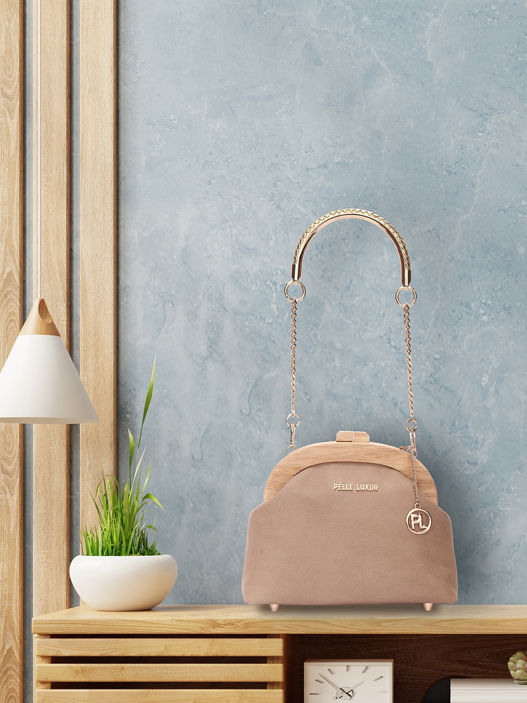 

PELLE LUXUR Leather Structured Handbags, Beige