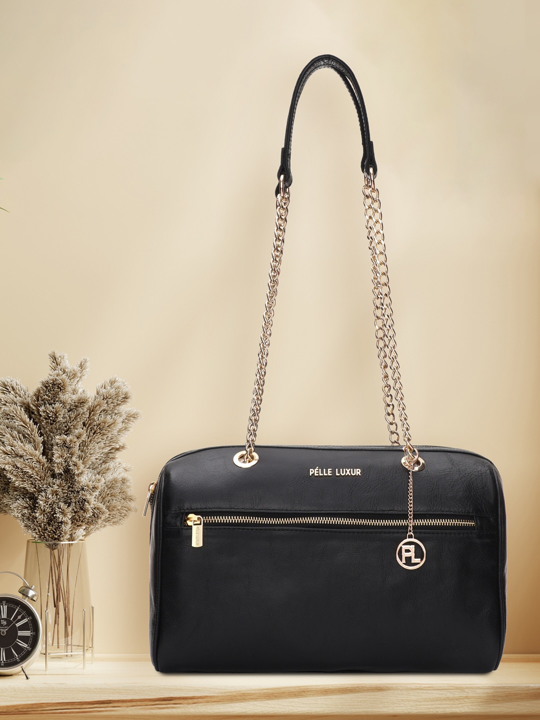 

PELLE LUXUR Black Leather Structured Shoulder Bag