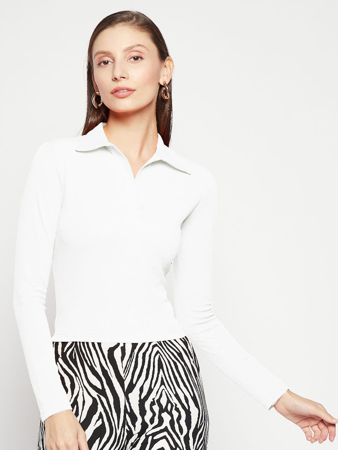 

Uptownie Lite Women Stretchable Collar Neck Full Sleeves Top, White