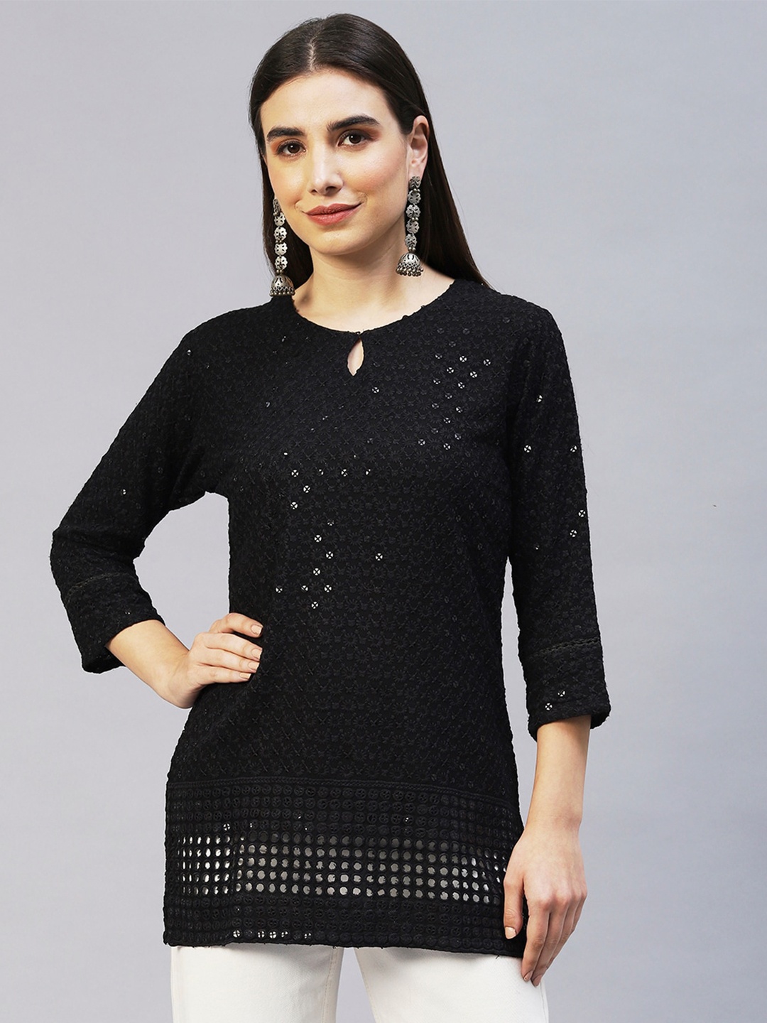 

POONAM DESIGNER Black Cotton Embroidered Embellished Tunic