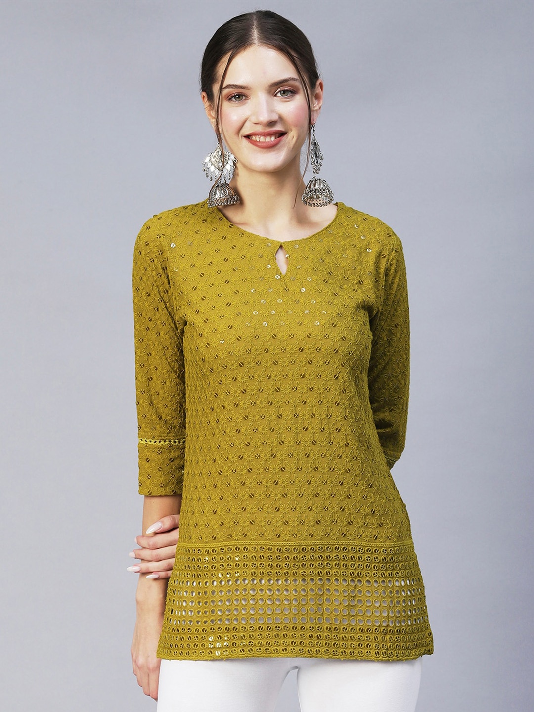 

POONAM DESIGNER Olive Green Viscose Rayon Embroidered Embellished Tunic
