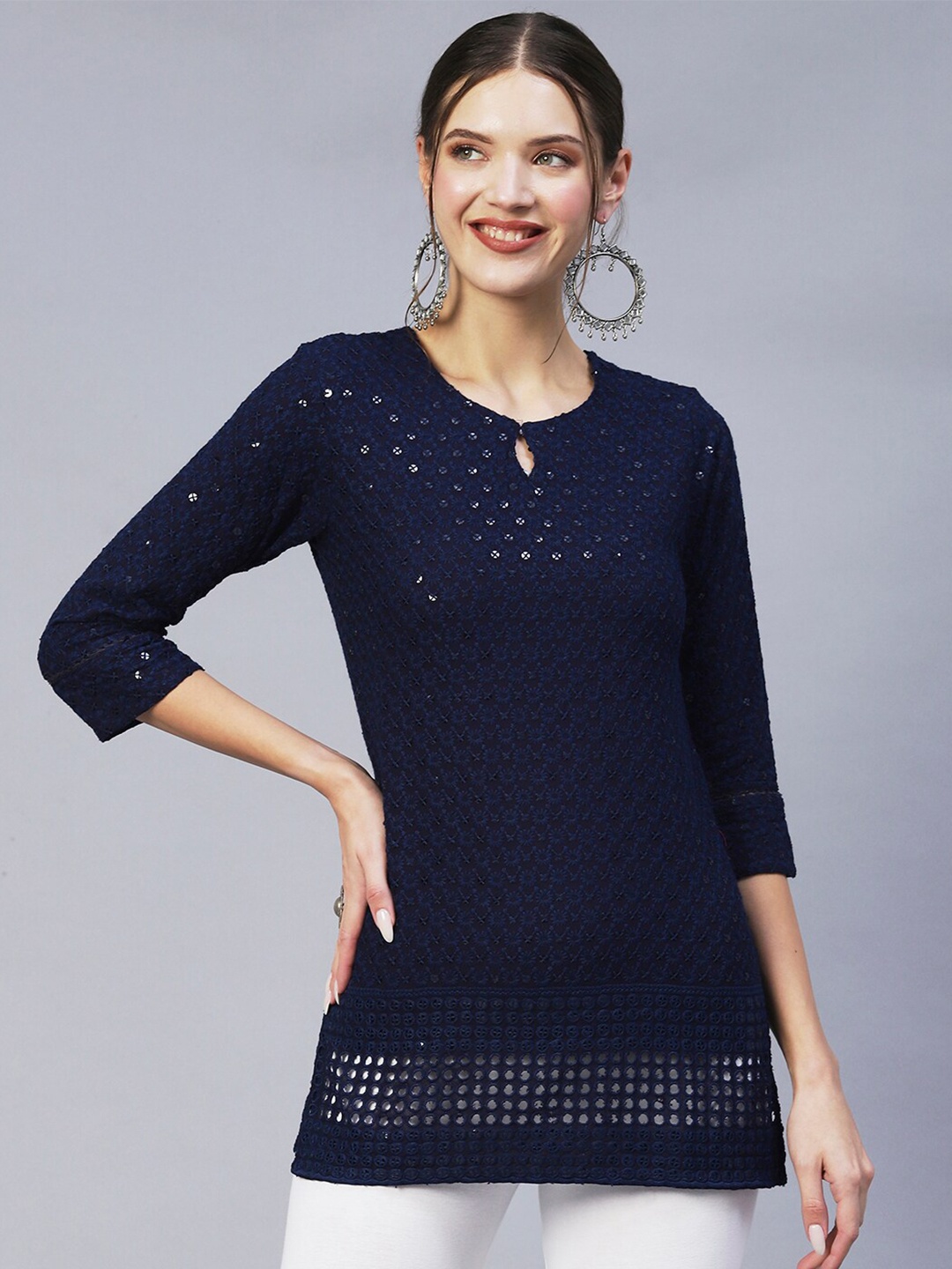

POONAM DESIGNER Navy Blue & Silver-Toned Viscose Rayon Embroidered Embellished Tunic