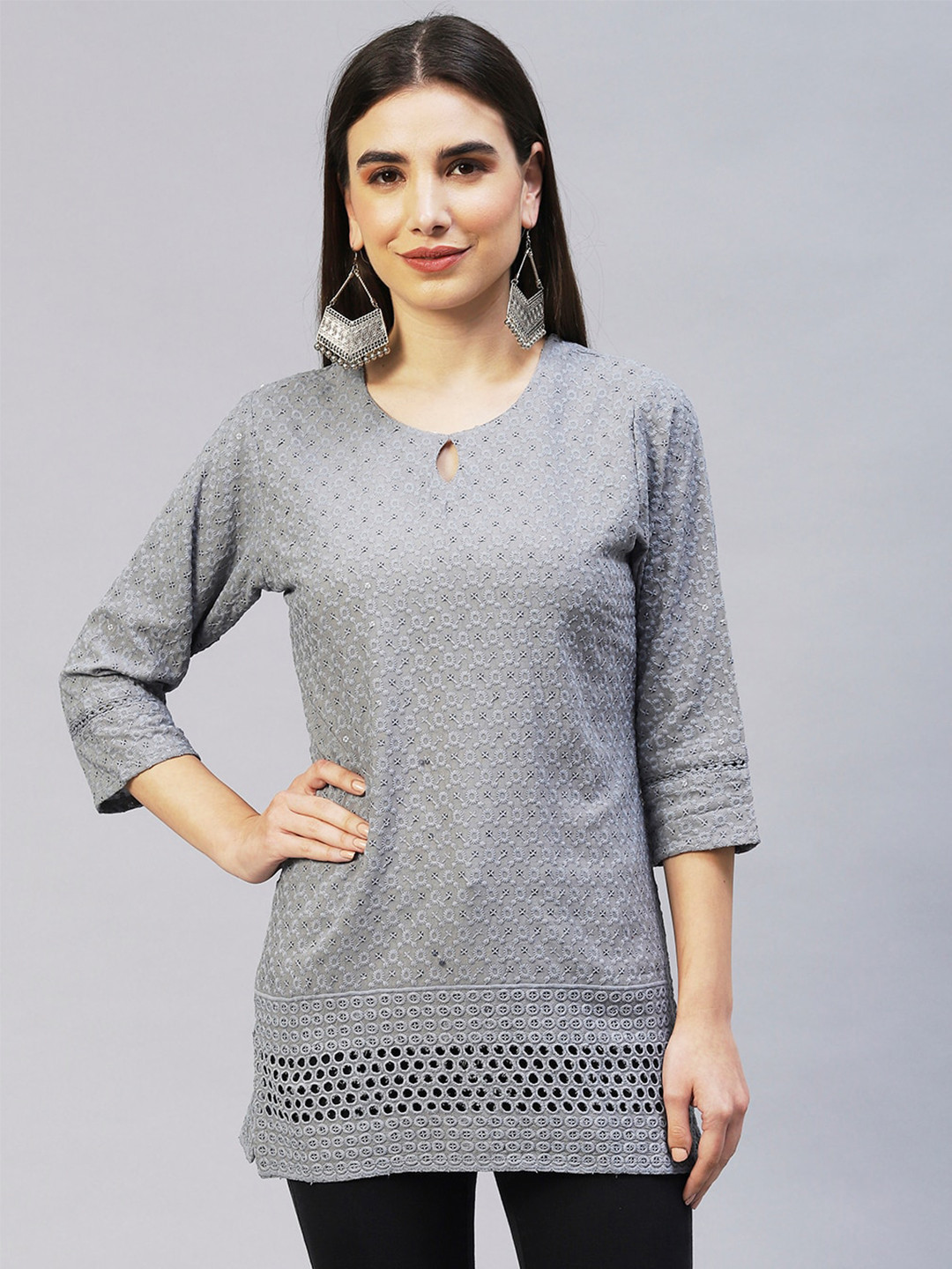 

POONAM DESIGNER Grey Viscose Rayon Embroidered Embellished Tunic
