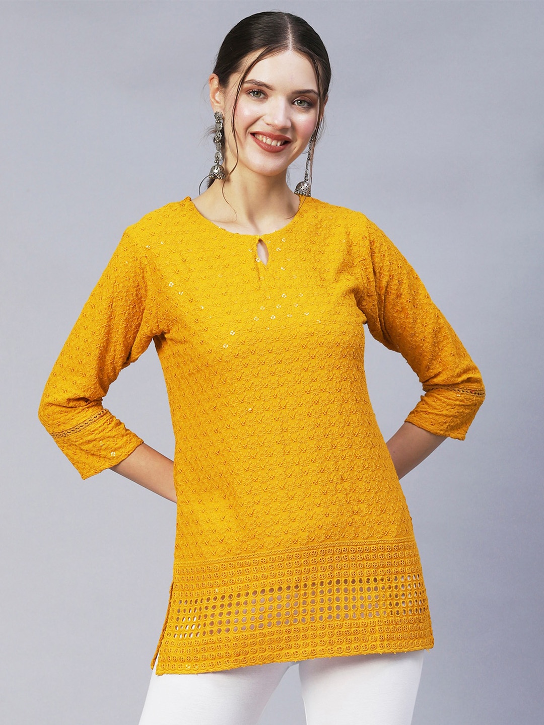 

POONAM DESIGNER Mustard Viscose Rayon Embroidered Embellished Tunic