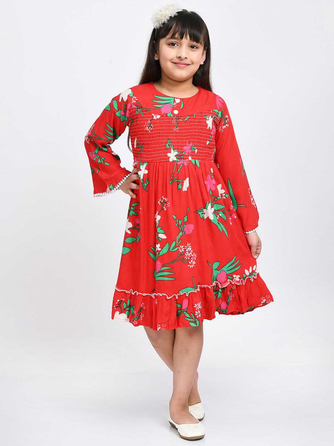 

Bella Moda Girls Red & Green Cotton Floral Midi Dress